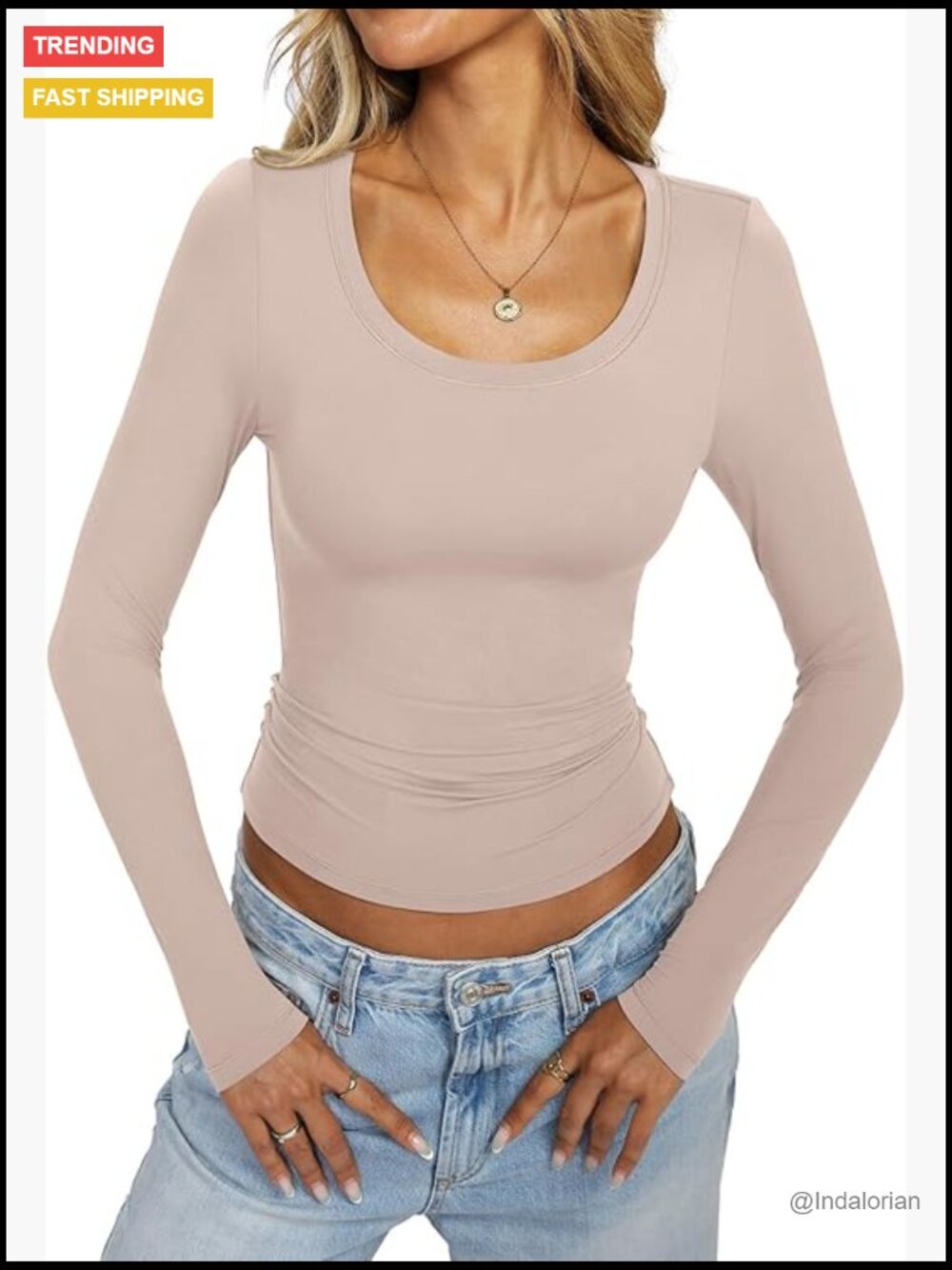 Double Lined Scoop Neck Long Sleeve Fitted Tee Y2K Going Out Top